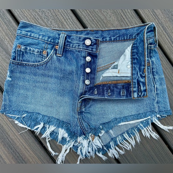Levi's Pants - Levi's 501 Button Fly, Blue Frayed Jean Shorts